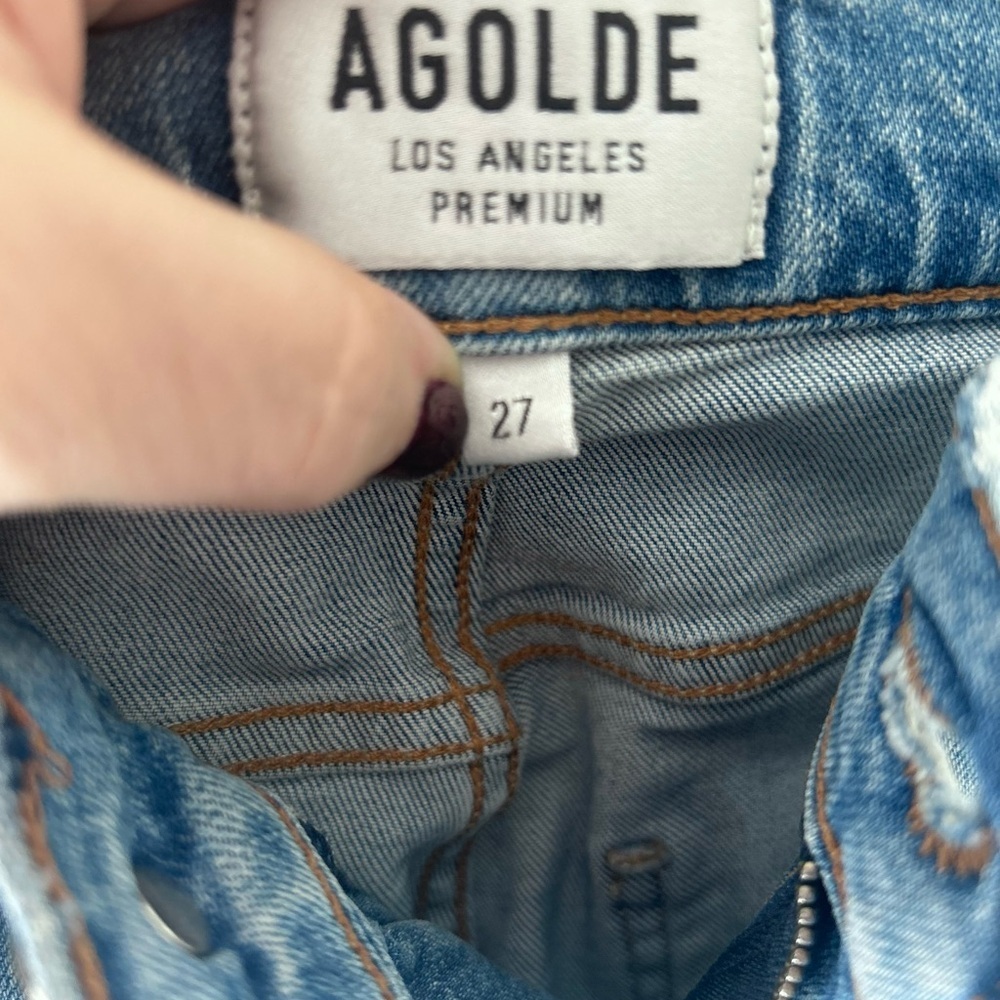Agolde Sophie Denim Jeans High Rise Cropped Raw Hem Destruct Blue Womens Size 27 - Picture 12 of 16